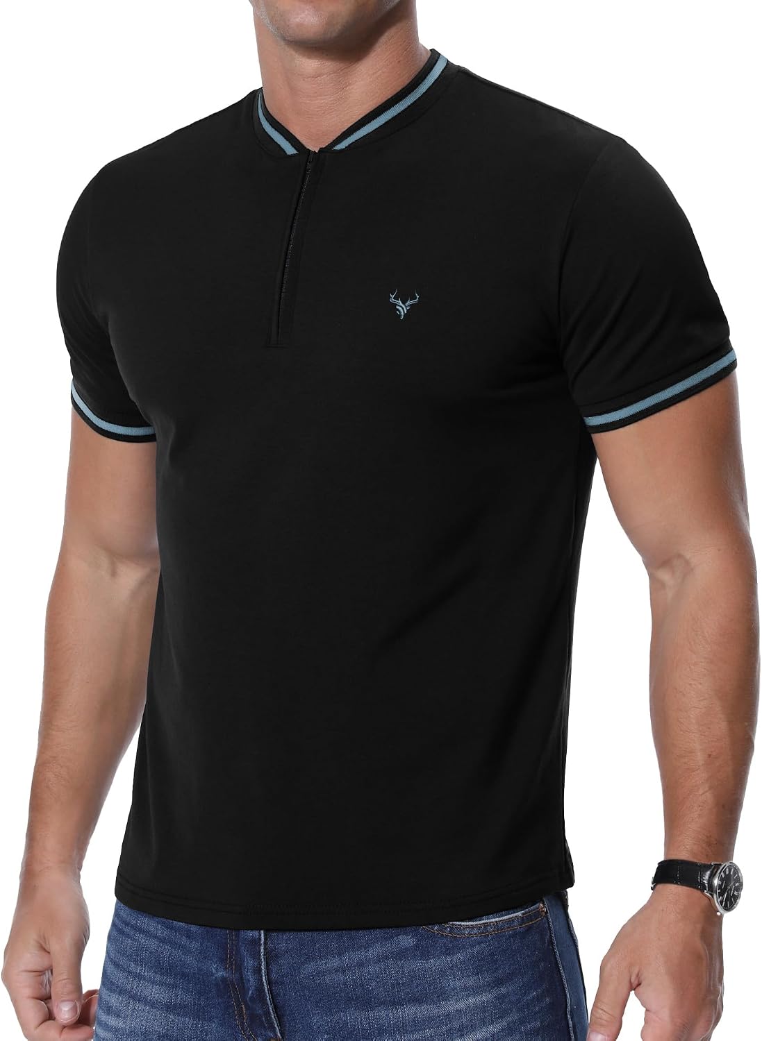 Detalle 2 de PCEAIIH Men's Henley T-Shirt with Zip Stand Neck and Deer Head Embroidery