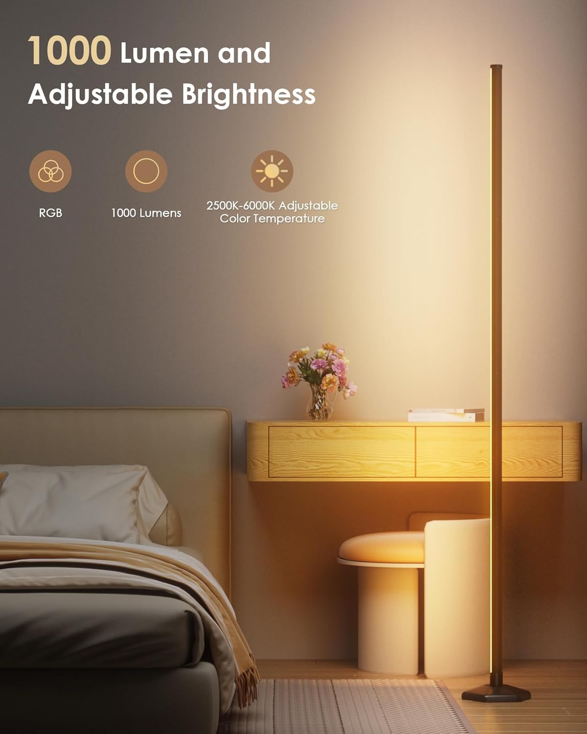 Detalle de WISIMMALL RGBIC Corner LED Floor Lamp with 16 million colours, 300+ scenes and DIY mode (170 cm height)