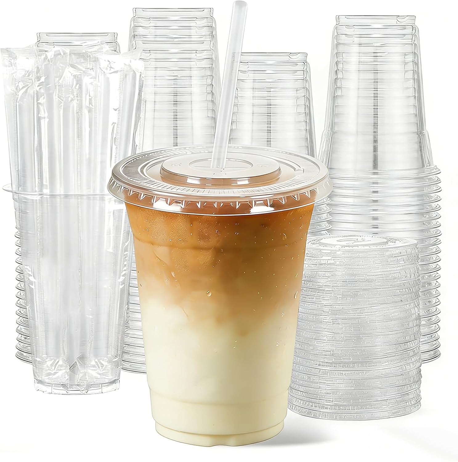 Detalle de cundao 12 oz Clear Plastic Cups with Lids & Straws (100-Count) – Leak-Proof, BPA-Free PET Tumblers