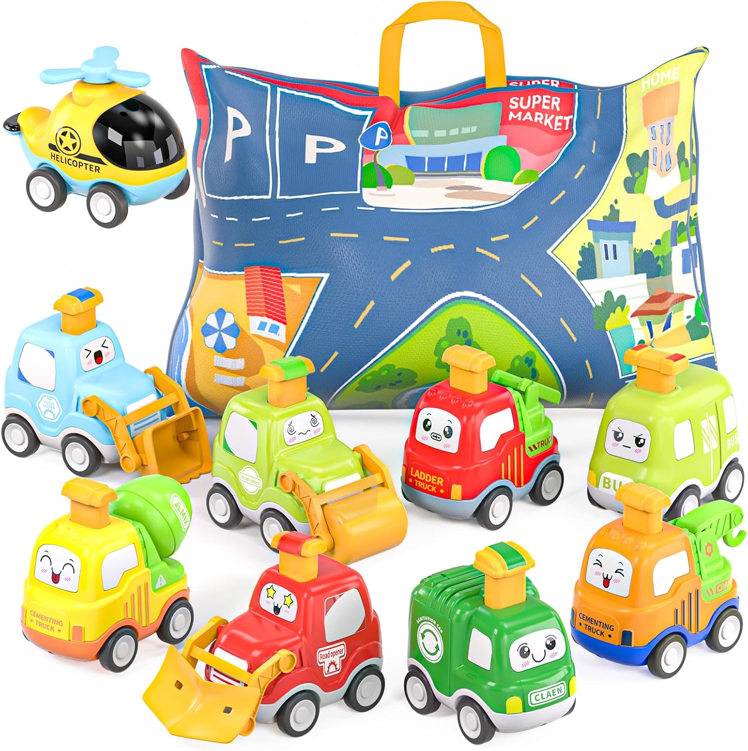 Detalle de Spielzeugautos zum Zurückziehen für Kleinkinder – 9-teiliges Set mit Spielmatte und Aufbewahrung