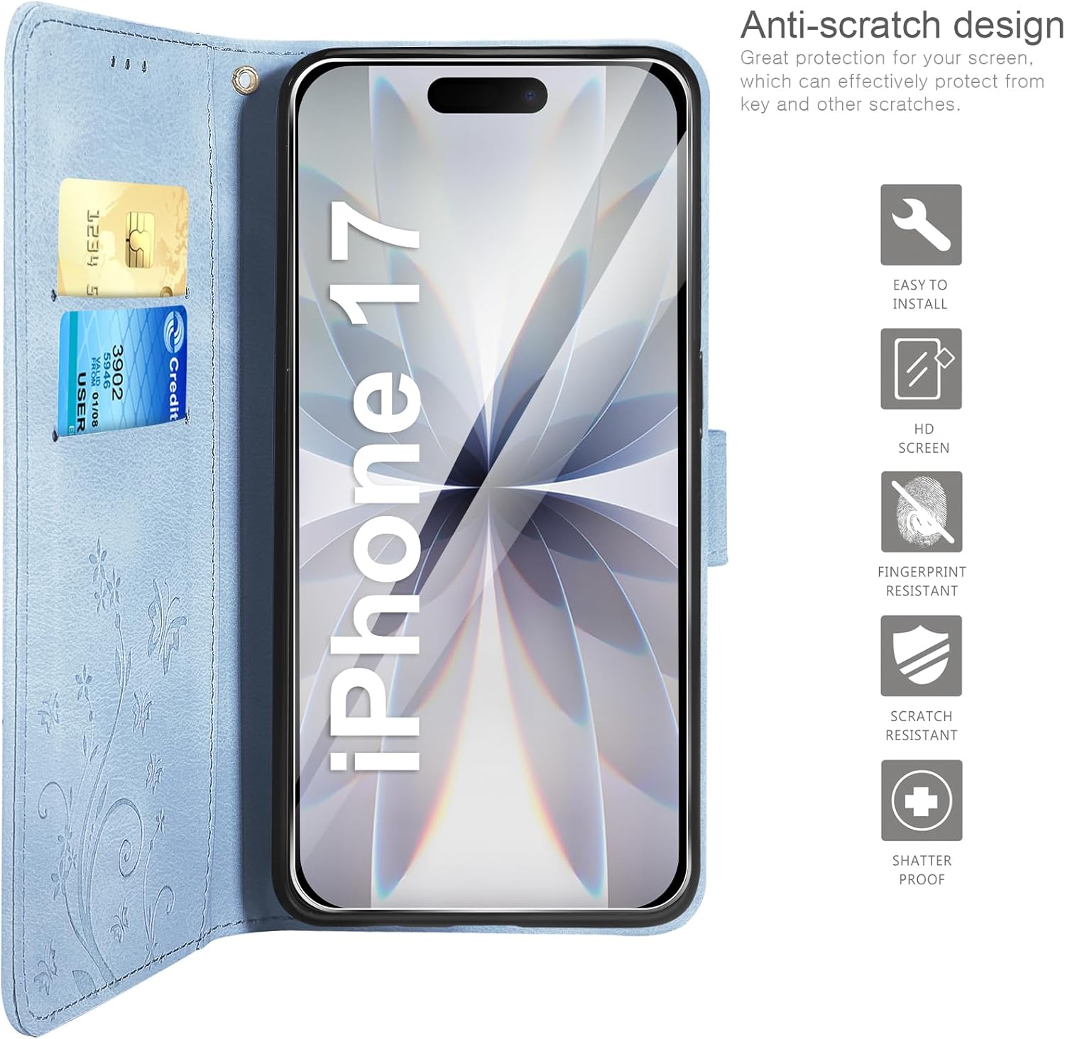 Thumbnail 2 de AROYI Case for iPhone 17 with Tempered Glass Screen Protector & Wallet Fold - Mist Blue