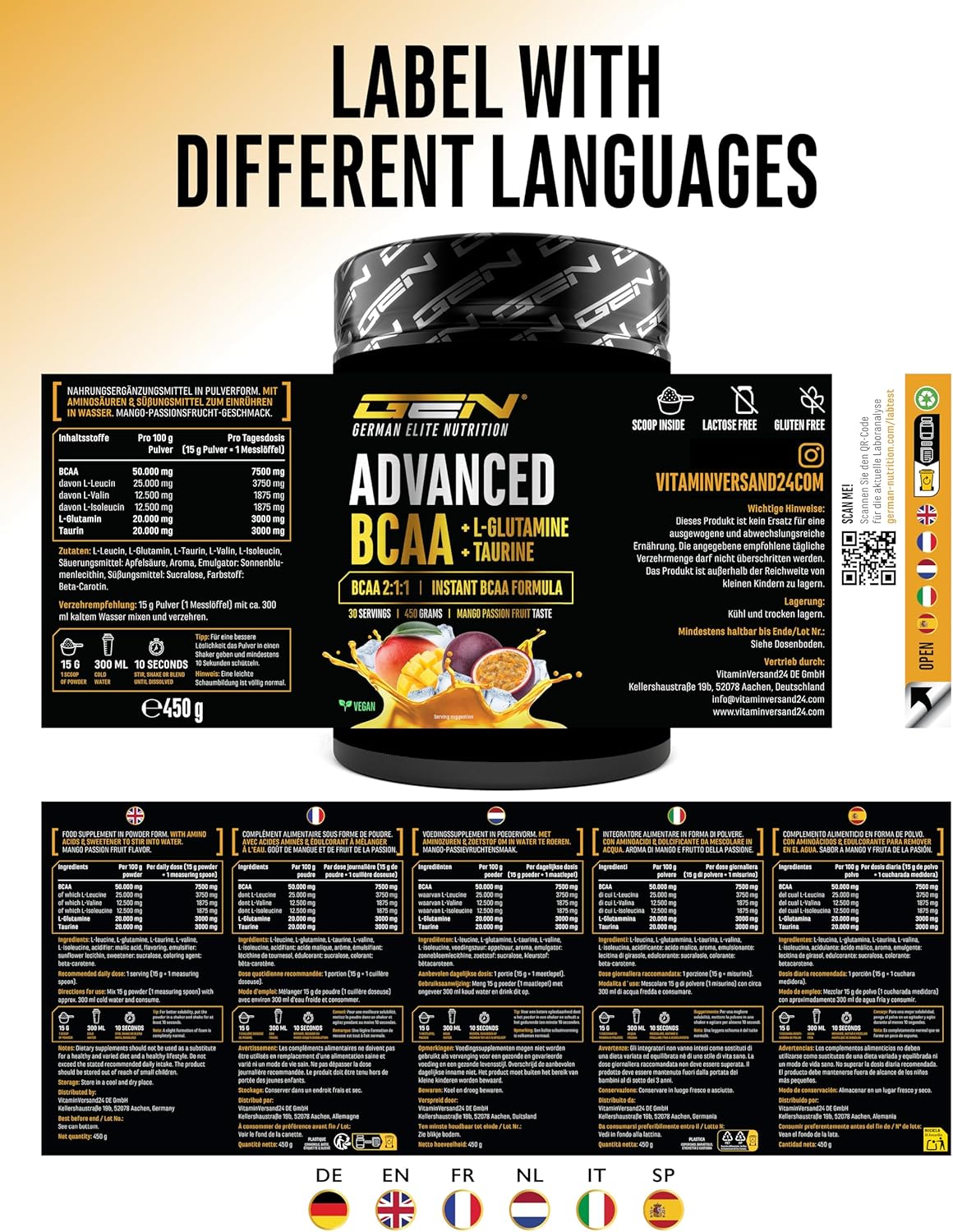 Thumbnail 6 de Advanced BCAA Pulver 450 g – 2:1:1 Aminosäuren mit L-Glutamin & Taurin, vegan, instant & lecker (Mango Passionsfrucht)