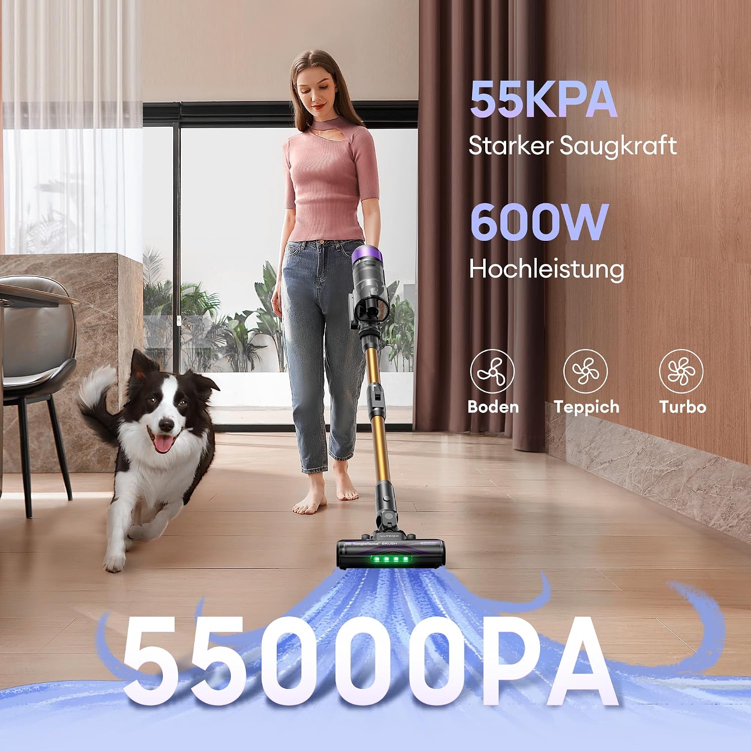 Detalle 2 de Ultenic Akku Staubsauger: 55 KPa, 600 W, 60 Minuten Laufzeit, kabellos mit 180° klappbarem Rohr