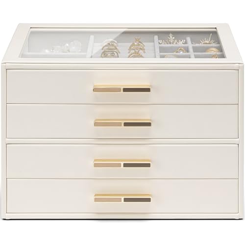 Detalle 2 de VLANDO Boîte à bijoux Grande 4 niveaux avec couvercle en verre et cuir PU – rangement élégant et pratique