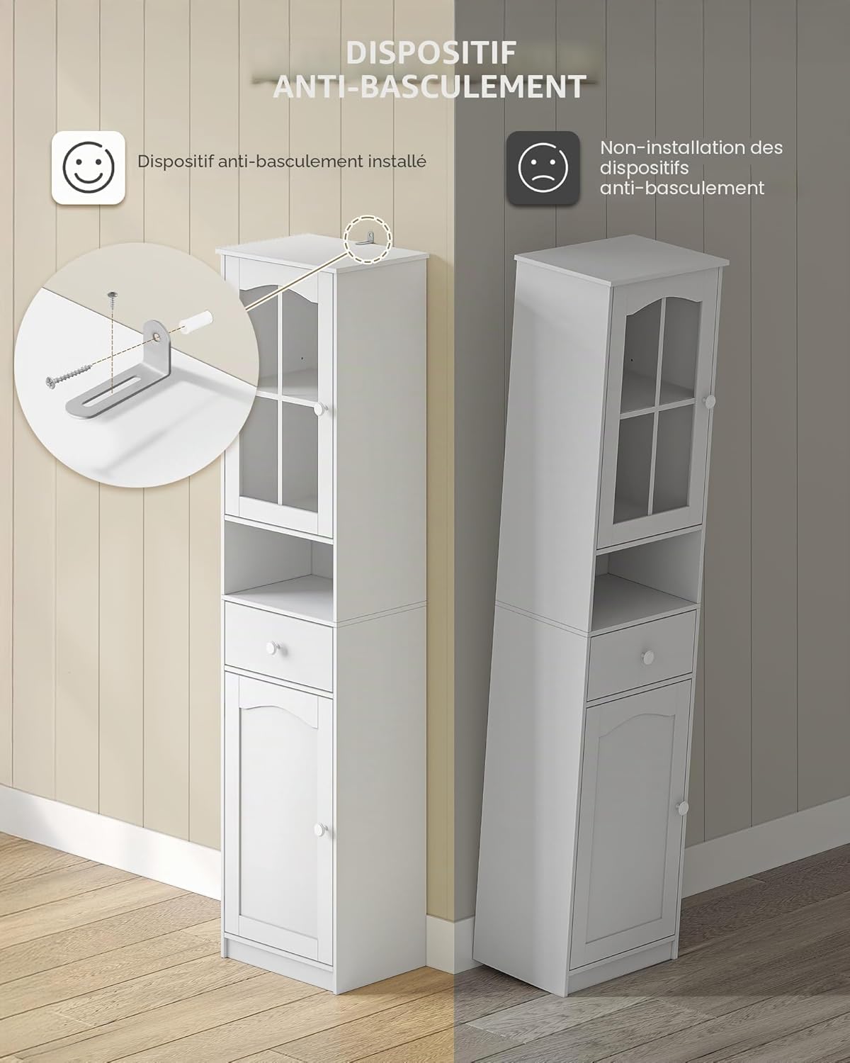 Detalle 2 de Hzuaneri Meuble Salle de Bain SC10003X : Armoire haute blanche à porte vitrée et tiroir