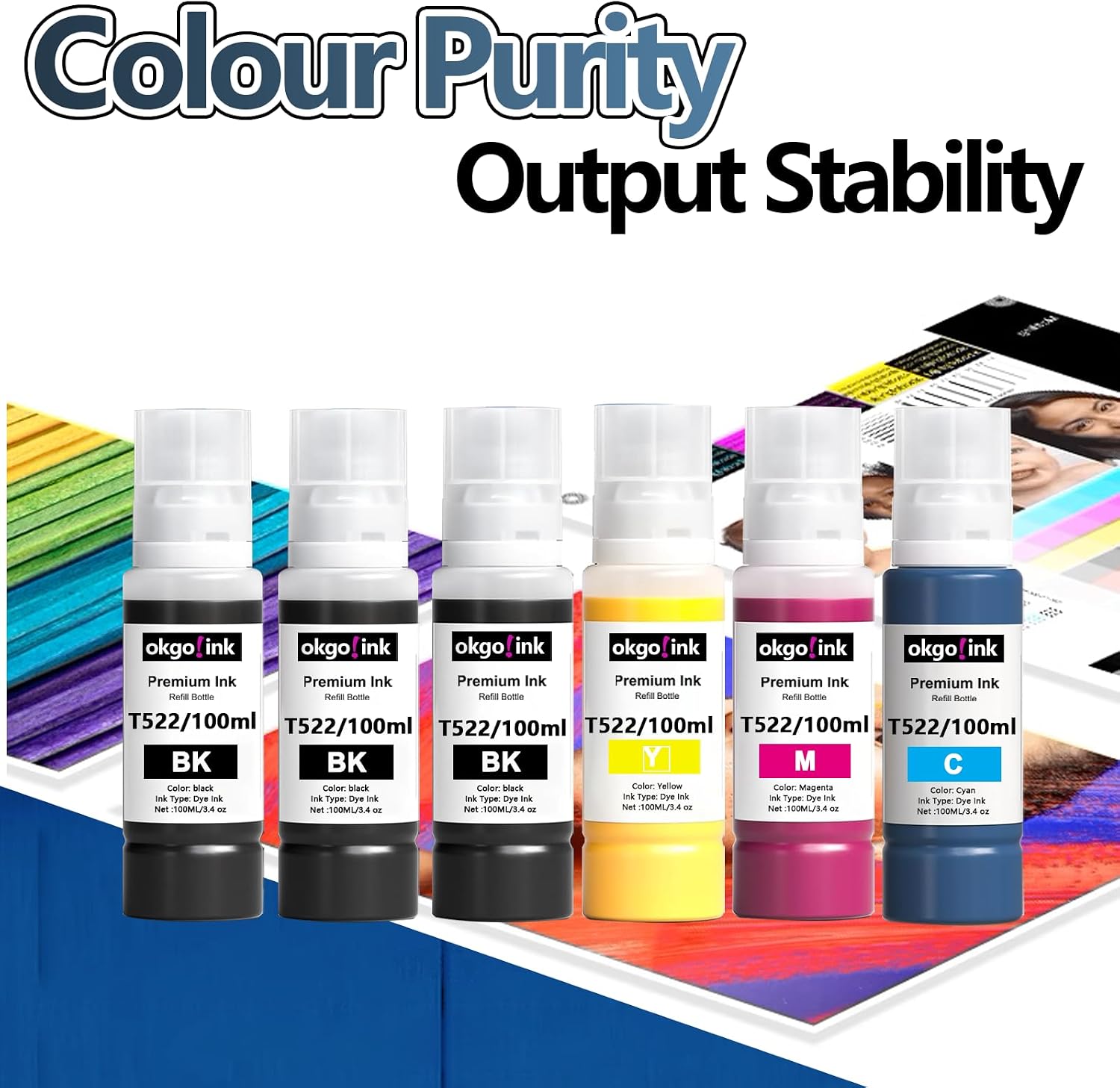 Detalle de OKGO!INK T522 502 Ink Refill Bottles, 6-Pack for EcoTank Printers