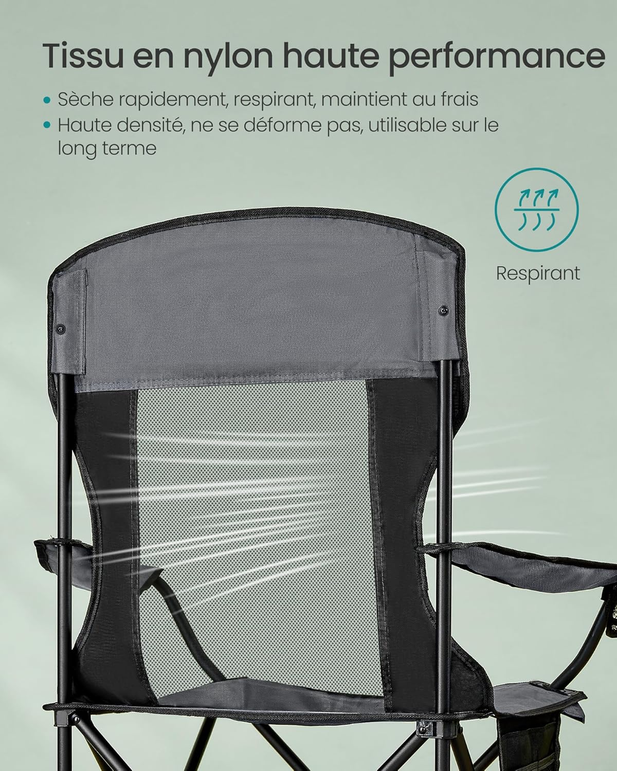 Detalle de SONGMICS Chaises de Camping Respirantes (Lot de 2) – Chaises pliantes avec dossier haut et accoudoirs réglables, gris ardoise GCB028G01