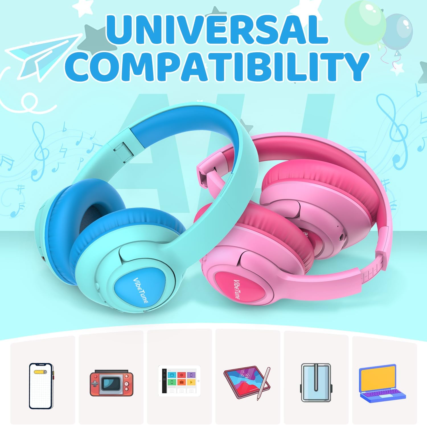 Thumbnail 6 de VibeTune Kids Bluetooth Headphones, 60H Playtime, Volume Limited 85/94dB, Bluetooth 5.4, Type-C Fast Charging, Foldable Wireless Headphones for Kids, Toddler Headsets with HD Mic (Blue Macaron)
VibeTune Kids Bluetooth Headphones, 60H Playtim…