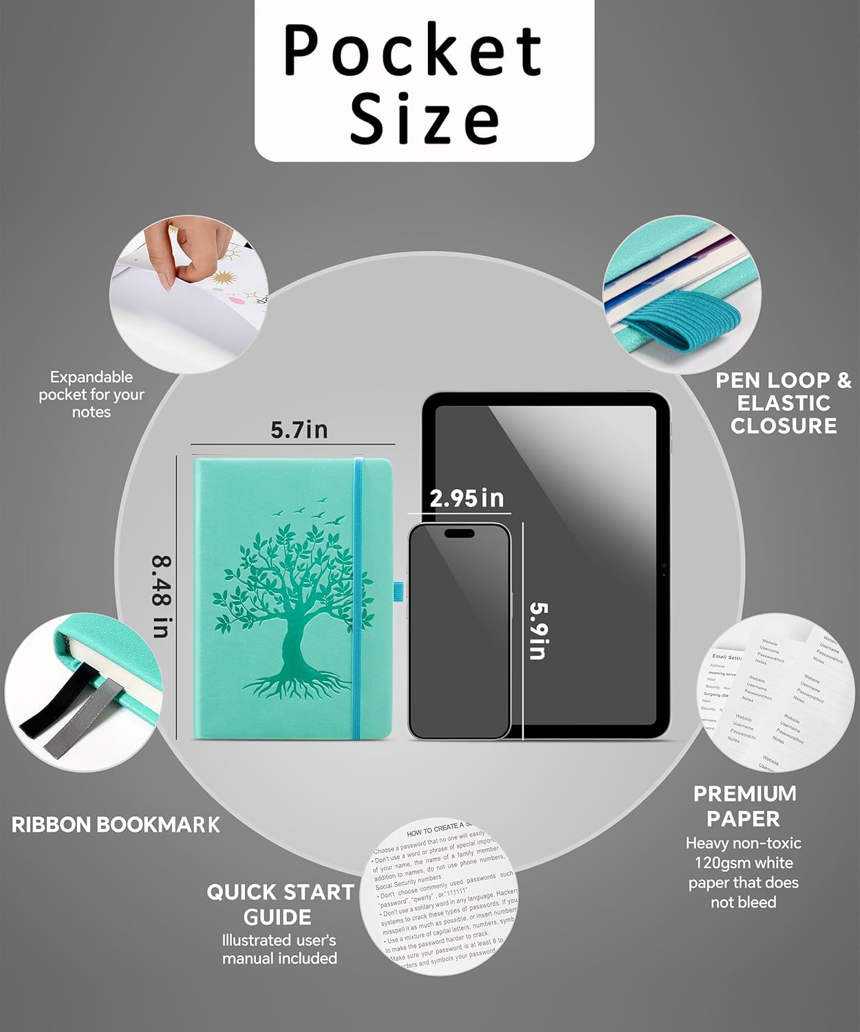 Thumbnail 1 de ZXHQ Password Book with Colourful Alphabetical Tabs (Hardcover Password Keeper) – Light LakeBlue