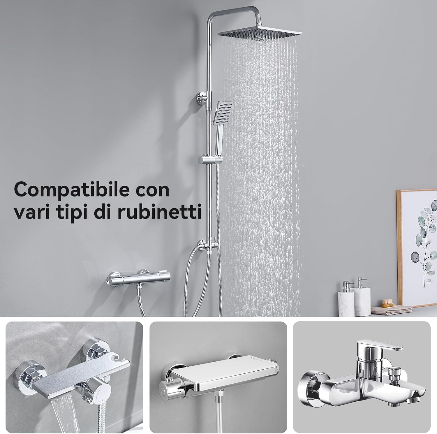 Detalle de Auralum Colonna Doccia Senza Miscelatore con Soffione Quadrato 25x25 cm e Doccetta, Altezza Regolabile 74–109 cm
