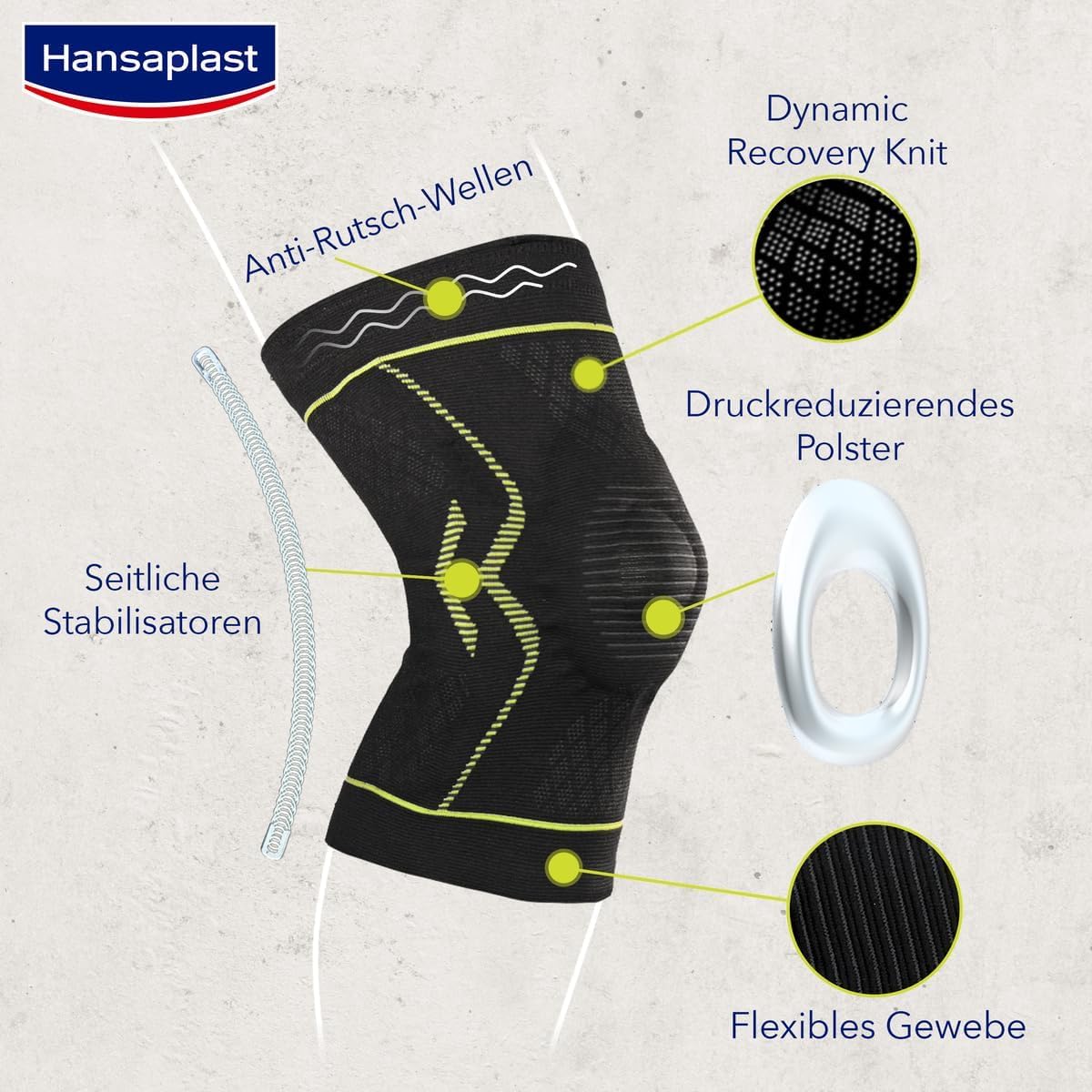 Detalle de Hansaplast Performance Knie-Bandage (Dynamic Guard & Dynamic Recovery Knit) – stabilisiert & entlastet, Größe L/XL