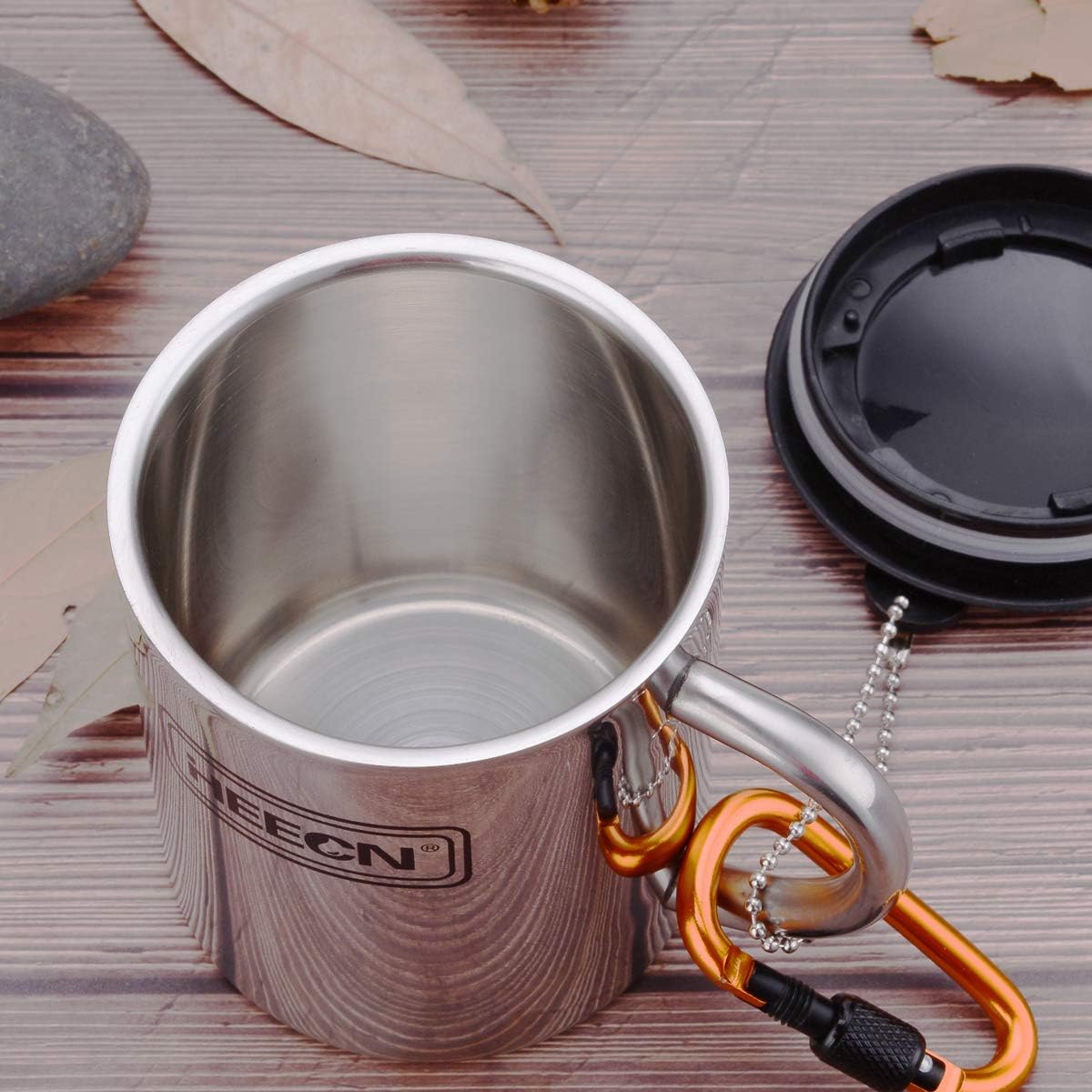 Thumbnail 1 de HEECN tazze da caffè da campeggio doppia parete in acciaio inox 18/8 da 260 ml con coperchio girevole e moschettone HESS-038BBK