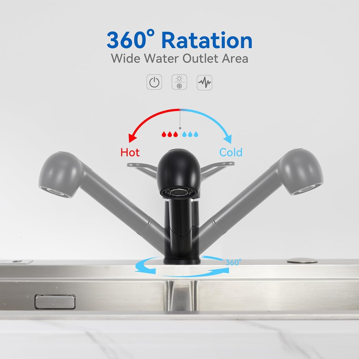 Detalle de AuraLum Rubinetto cucina doccetta estraibile nero moderno, monocomando girevole 360° con 2 getti
