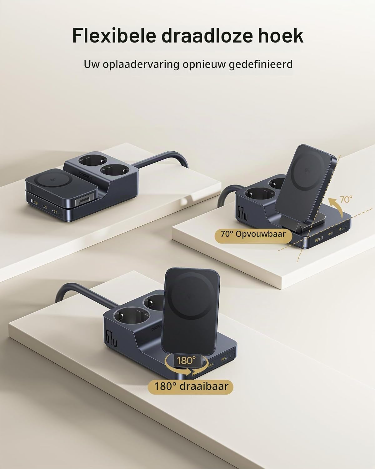 Thumbnail 4 de Baseus Nomos 67W stekkerdoos met Qi2, USB-C en verstelbare magnetische lader