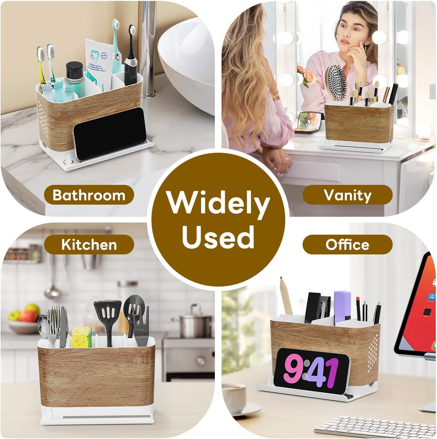 Thumbnail 6 de toprance Detachable Wood Grain Toothbrush Holder with 6 Slots, Front Ledge & Cord-friendly Design