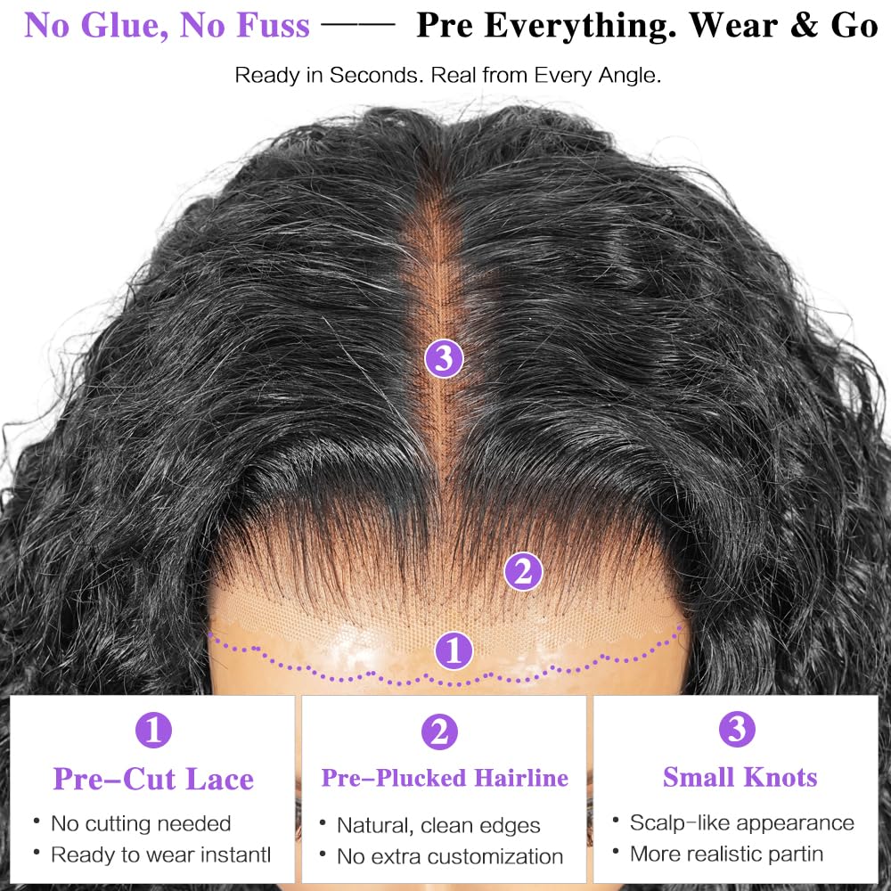 Detalle de QUANDIAN Wear and Go Glueless Wigs: 26" Deep Wave 7x5 HD Lace Front, 210% Density, 3D Dome Cap