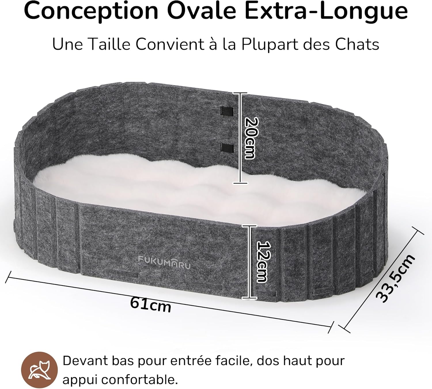 Thumbnail 3 de FUKUMARU Lit pour chats d’intérieur ovale en feutre (61 cm) gris