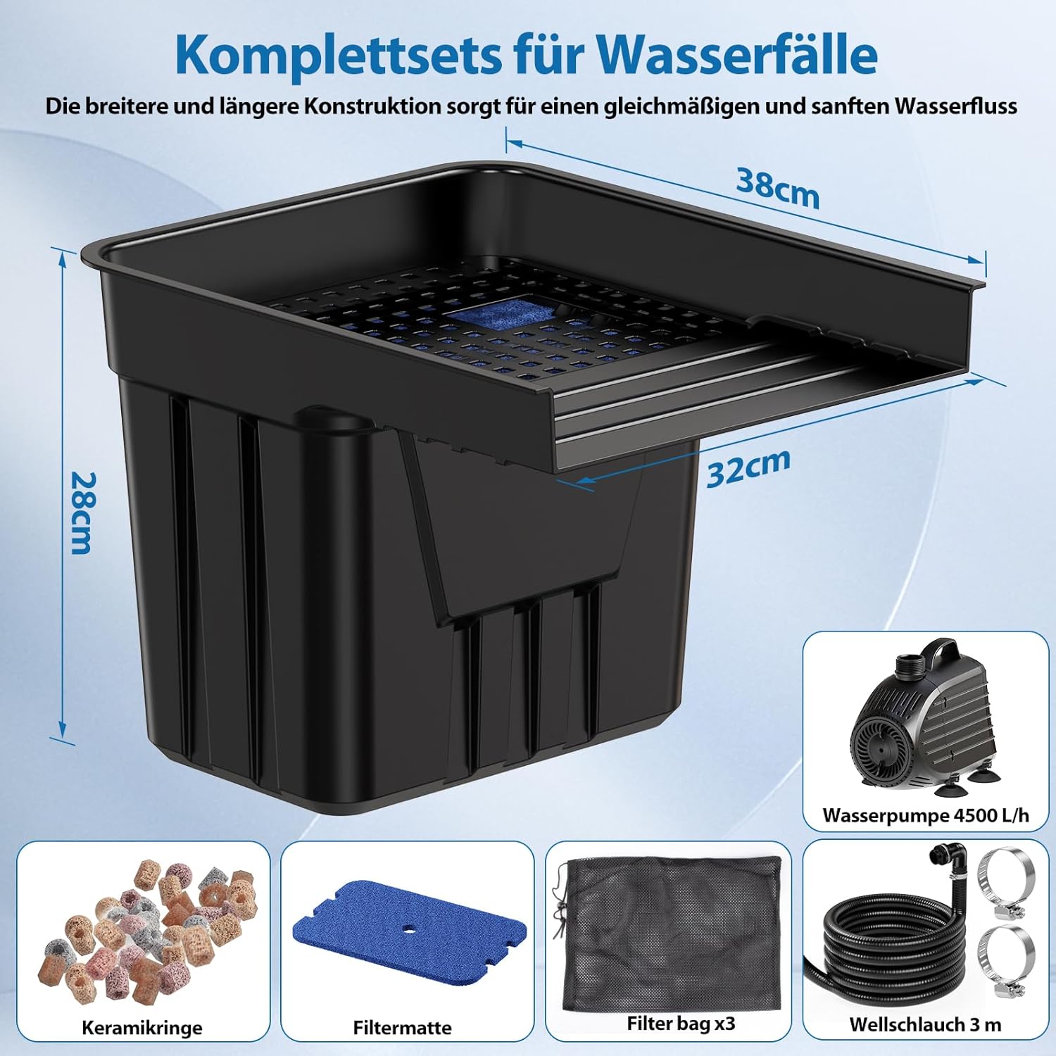 Thumbnail 2 de POPOSOAP Wasserfall-Teich-Set für den Außenbereich – 4500 L/h, 3 m Wellschlauch, Filtersystem
