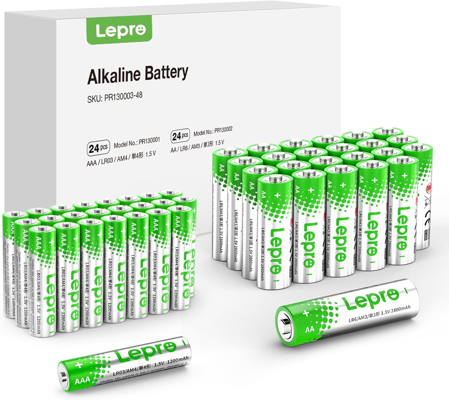 Lepro AA & AAA 48 Pack 1.5V alkaline batteries (24AA + 24AAA) with anti-leak design