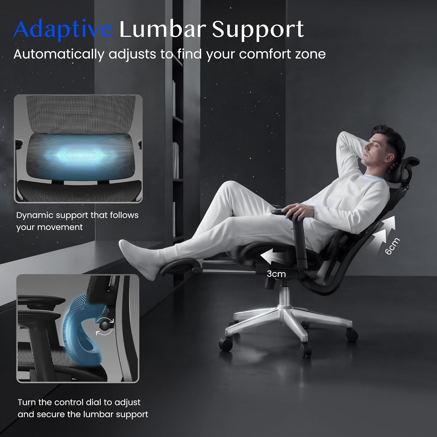 Thumbnail 3 de FLEXISPOT ErgoX Chaise de bureau ergonomique en maille pivotante avec repose-pieds, accoudoirs 3D et soutien lombaire indépendant (gris)