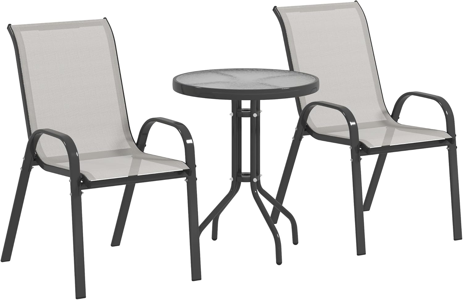 Ensemble Outsunny 3 pièces pour salon extérieur : 2 fauteuils empilables + table basse en verre trempé (gris clair)