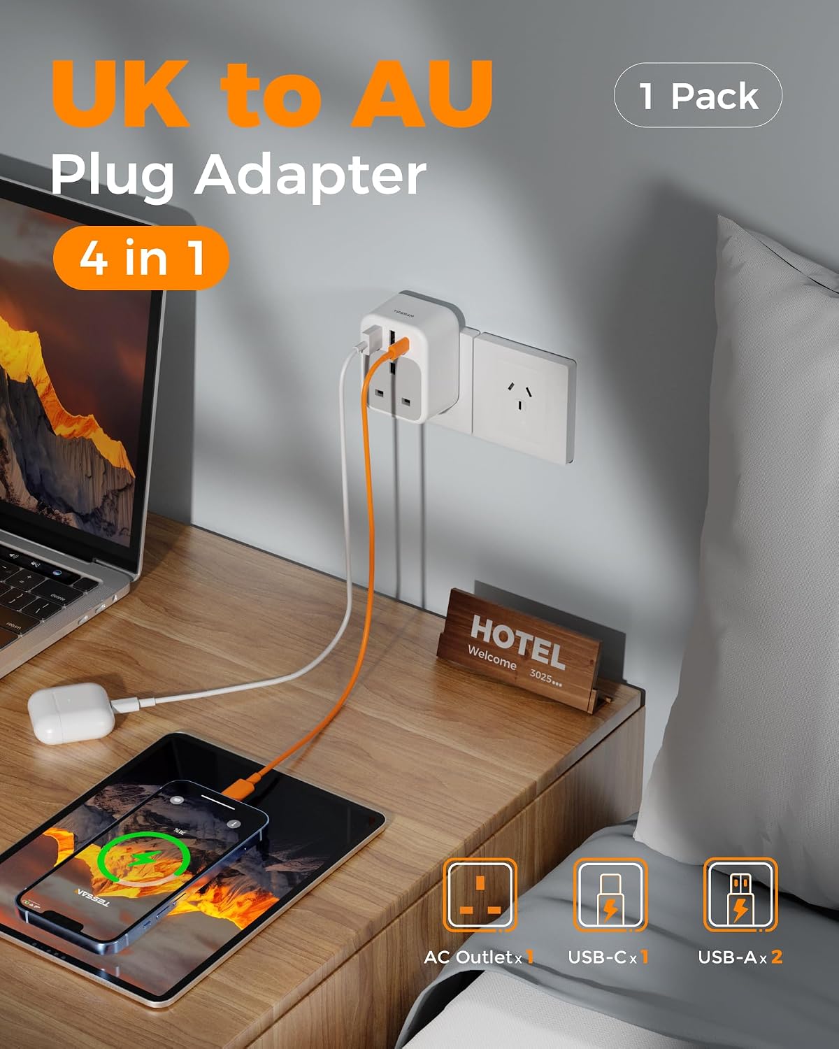 Detalle de TESSAN UK to Australia plug adapter with USB