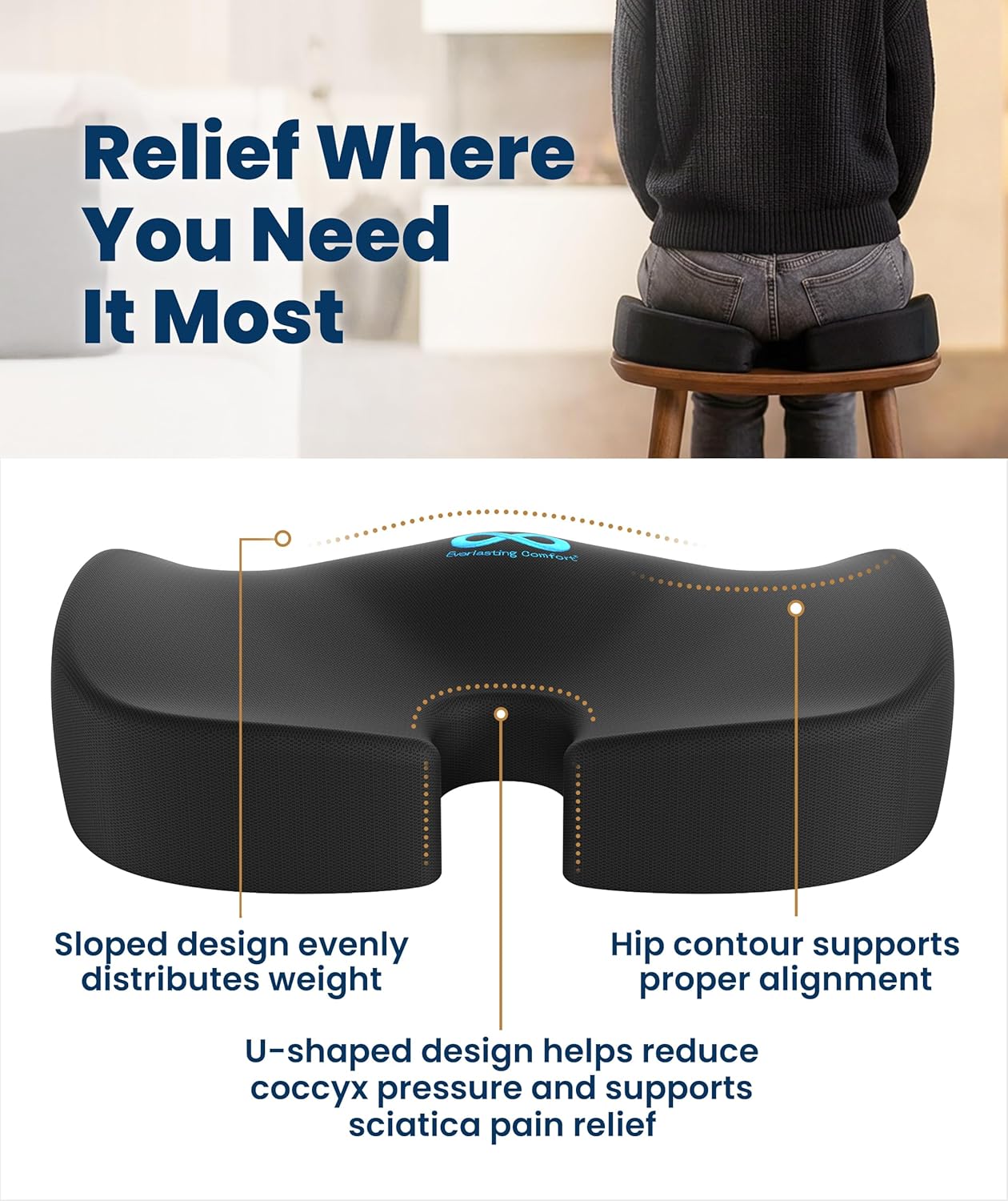 Thumbnail 2 de Everlasting Comfort Doctor Recommended Memory Foam Seat Cushion (Black, Large) for Office Chairs & Car