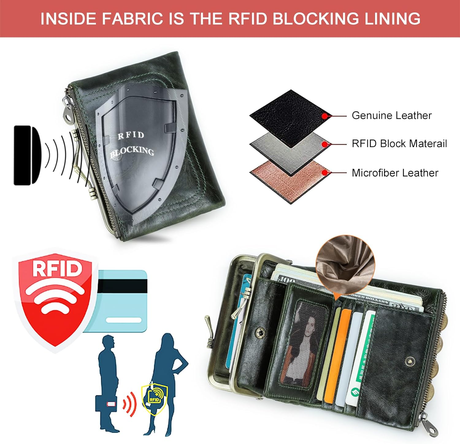 Thumbnail 3 de CONTACTS Women’s RFID Wallet with Kiss Lock – genuine leather compact bifold coin purse with zip & card slots in dark green