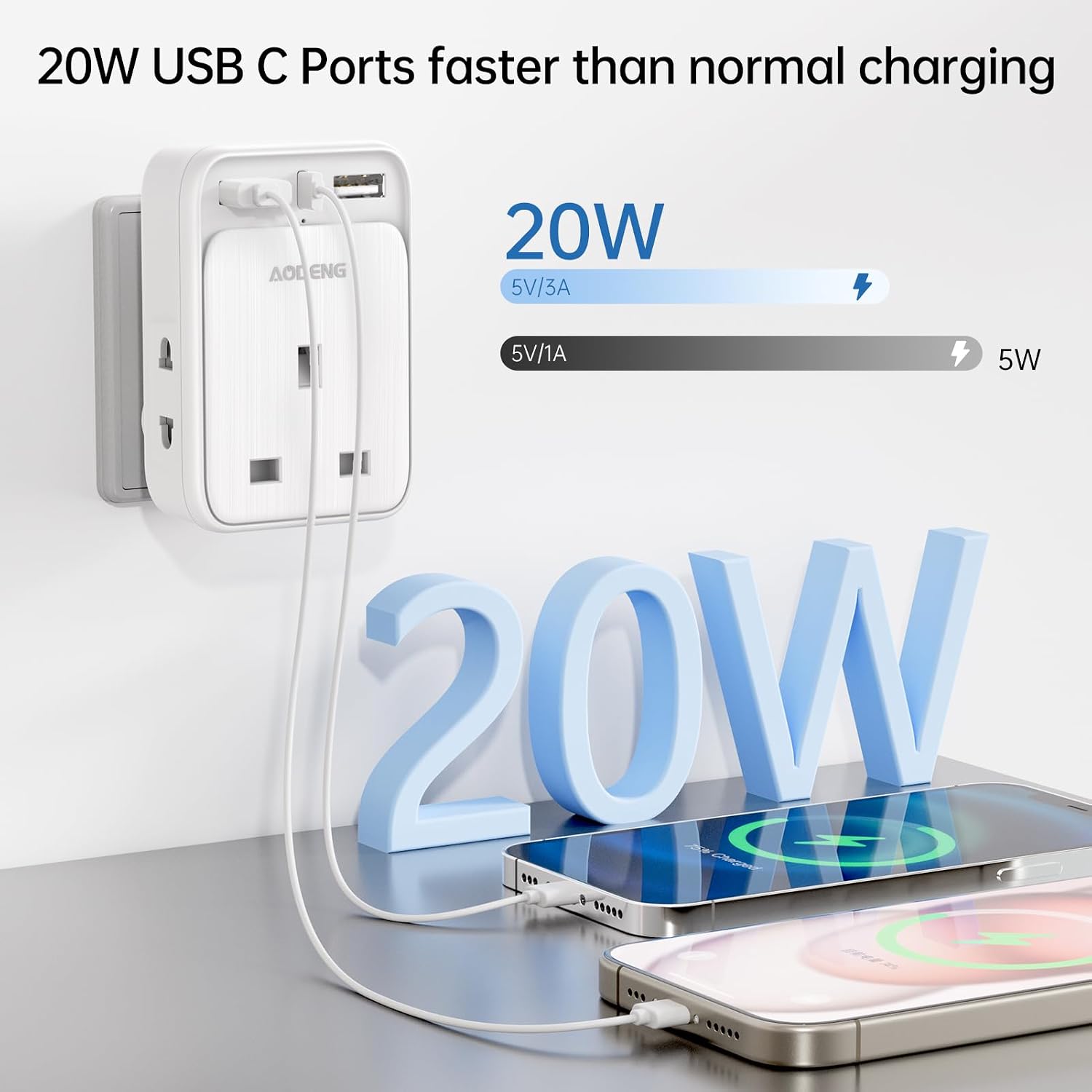 Detalle 2 de AODENG UK to India Plug Adapter with 3 USB Ports (Type D) and Grounded Design
