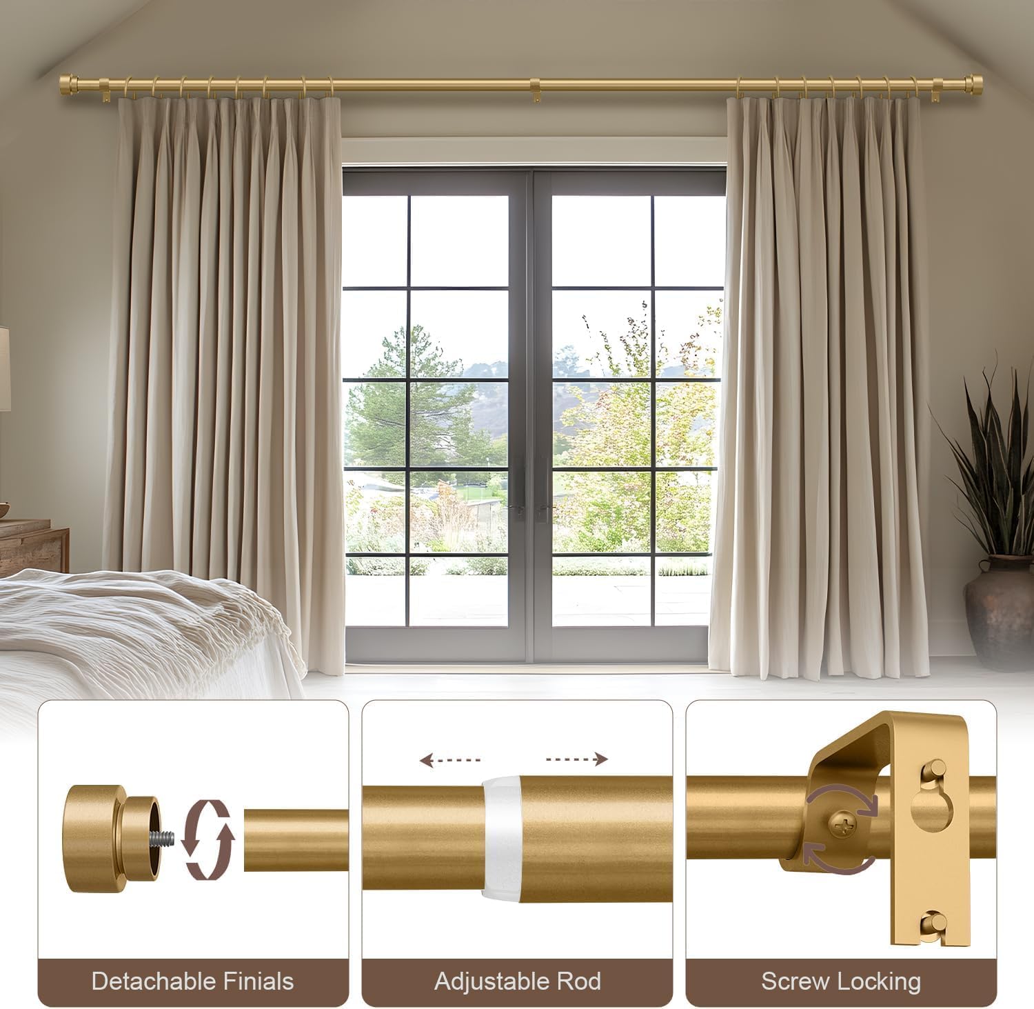 Detalle 1 de Gormena Gold Adjustable Curtain Pole 80–148cm (heavy-duty metal rod with brackets & finials)