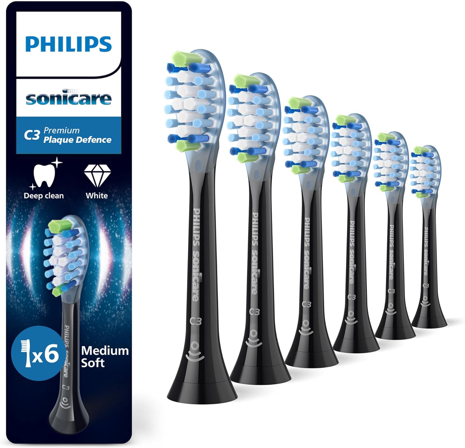 Detalle de Philips Sonicare C3 Premium Plaque Defence – Têtes de brosse à dents de rechange d’origine, lot de 6 (HX9046/88) – Noir