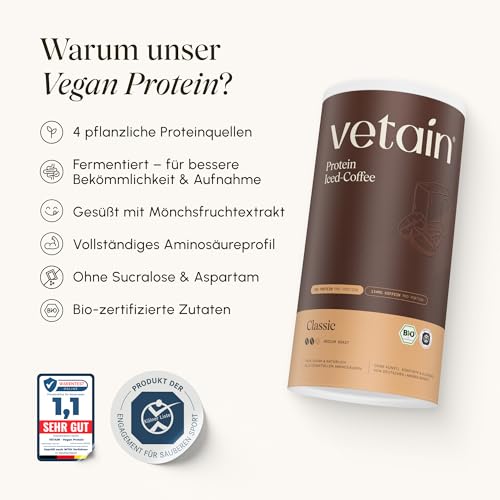 Detalle de VETAIN Veganes Proteinpulver Eiskaffee – 1080 g, Bio, koffeinhaltig, 4 Proteinquellen, neue Rezeptur