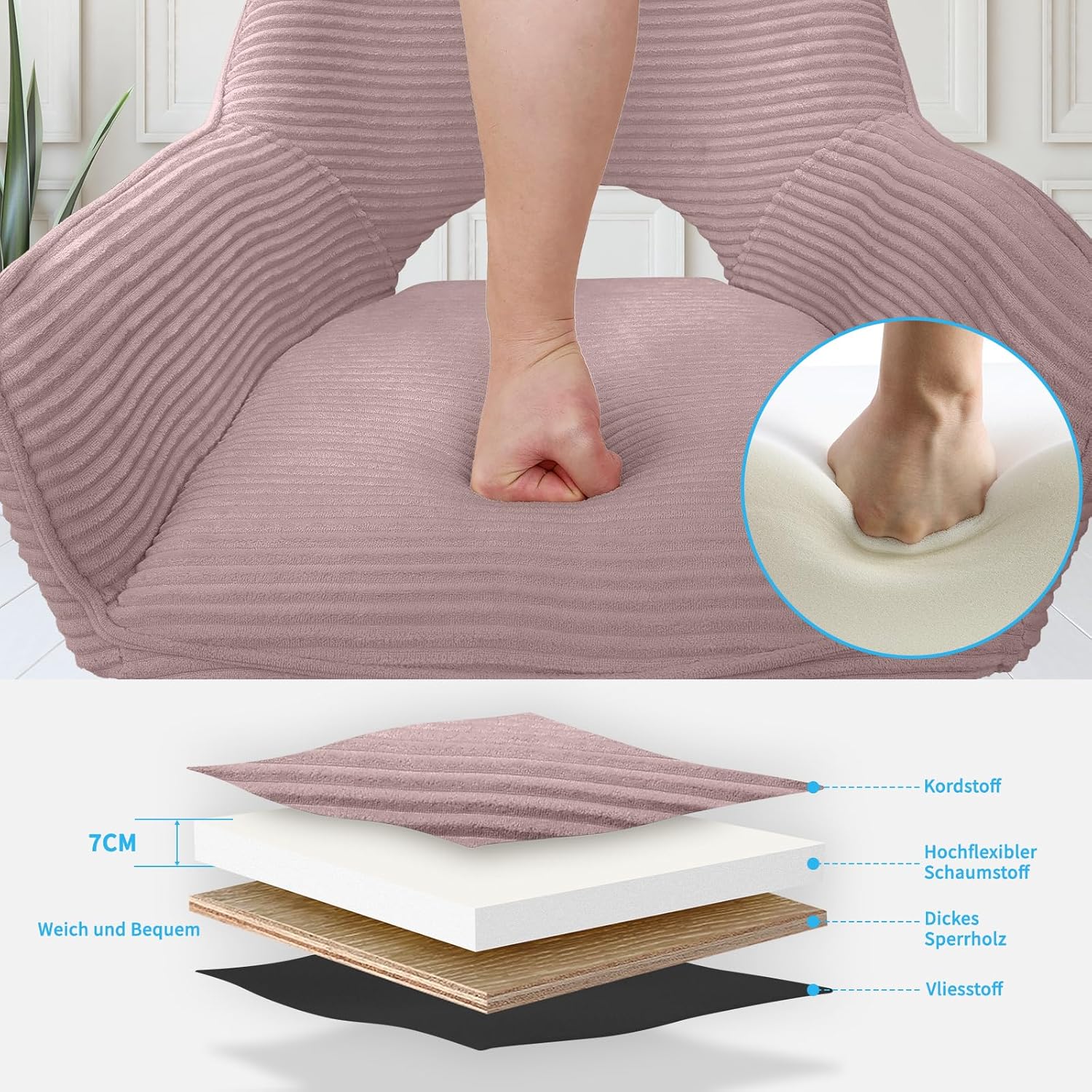 Thumbnail 4 de JIJIAN 2er Set Esszimmerstuhl Drehbar mit Armlehne, Rosa – Komfortabler, 360°-Drehstuhl aus Stoff