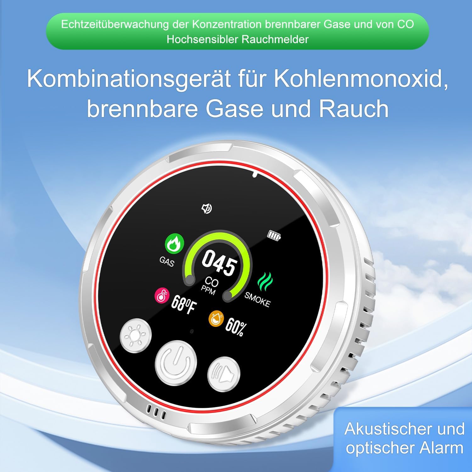 Thumbnail 2 de 5IN1 Rauchmelder, Gasmelder + CO-Warnmelder HD13 – Steckdose + Batterie, LCD-Display