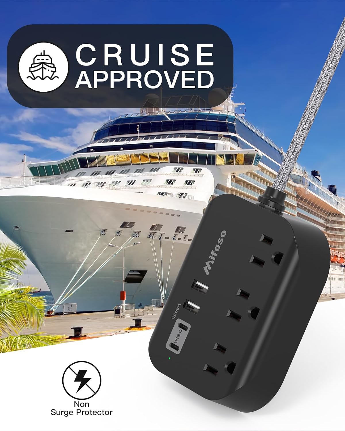 Detalle de Travel Essentials: Mifaso Power Strip with USB, 5ft Flat Plug Extension (3 Outlets, 4 USB Ports) — Non-Surge, Cruis Ship & Dorm Ready