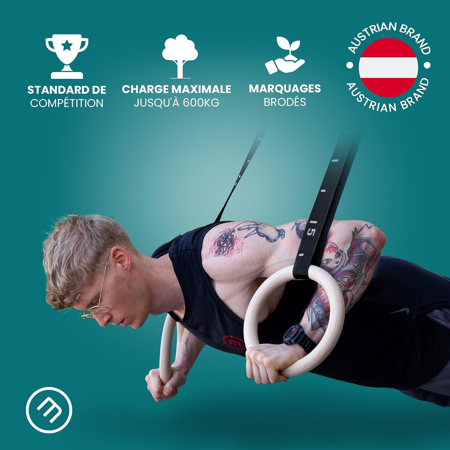 Detalle de BeMaxx Anneaux de Gymnastique en Bois + Support Porte & Livre d’Exercices – Set Gymnaste et Sangle de Sécurité Graduées