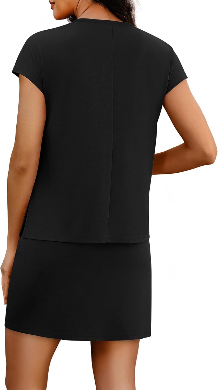 Thumbnail 4 de WIHOLL Two-Piece Skirt Set for Women: Cap Sleeve V-Neck Top + Tennis Skirt with Built-In Shorts (XS–2XL)