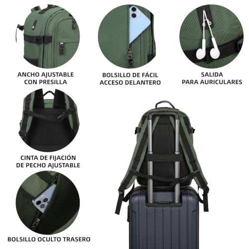 Detalle 2 de RAYKONG Mochila Cabina Ryanair 40x30x20cm (24L) Verde: resistente, impermeable y práctica