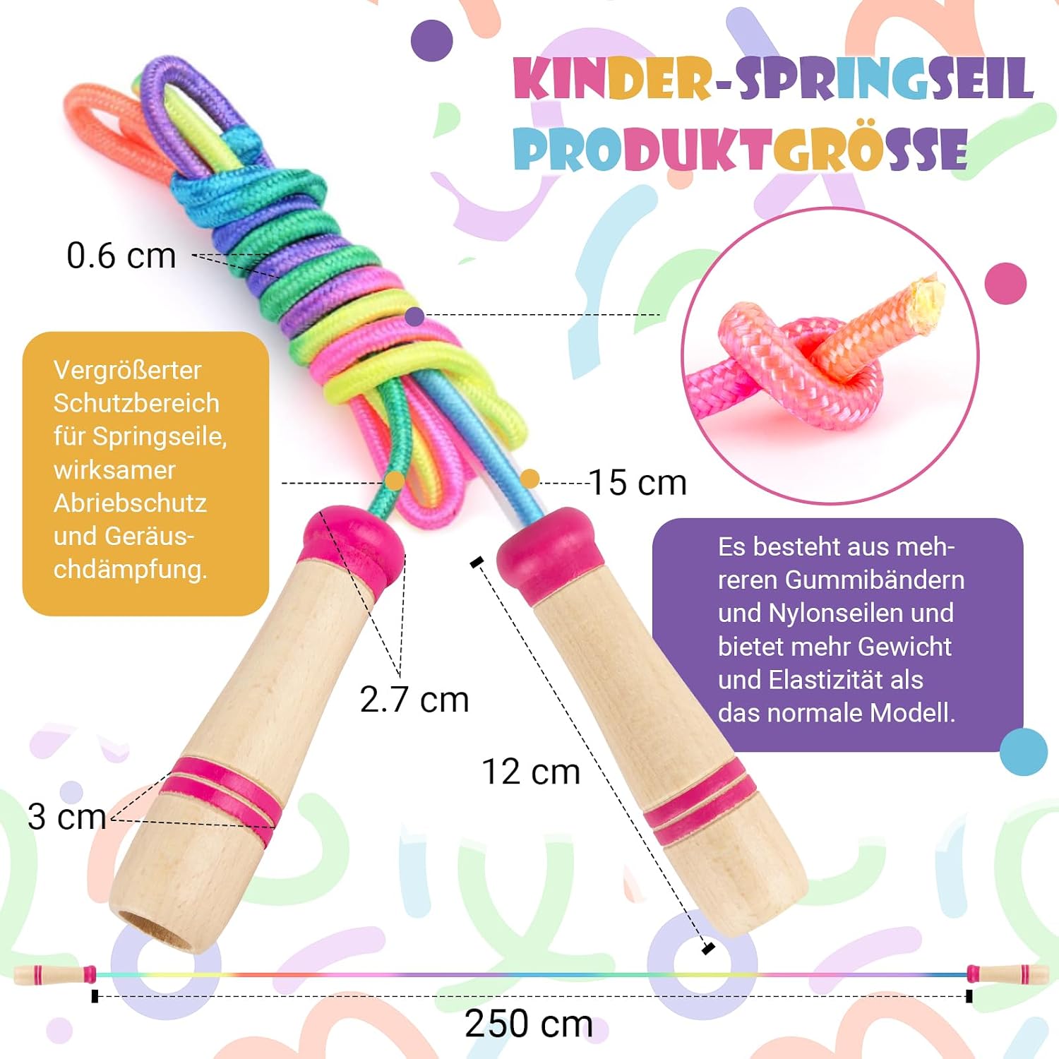 Detalle de Springseil Kinder – Verstellbares Seilspringen für Fitness mit Holzgriff, 250 cm, Regenbogenfarben