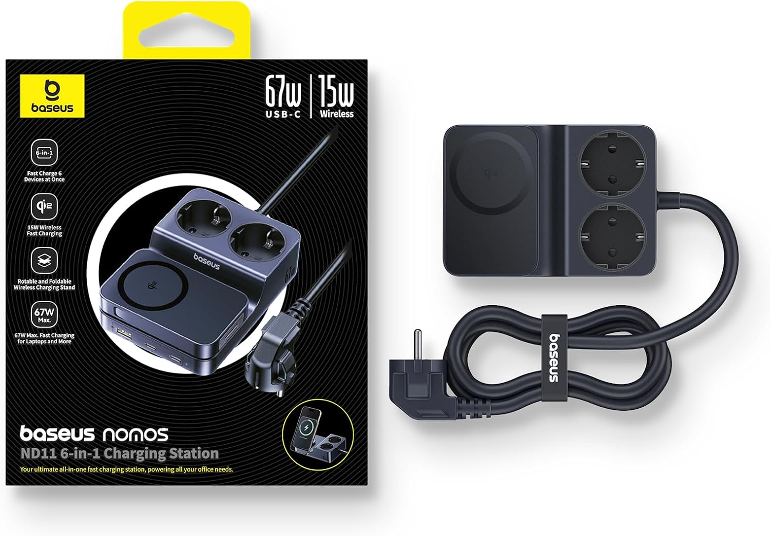 Thumbnail 5 de Baseus Nomos 67W stekkerdoos met Qi2, USB-C en verstelbare magnetische lader