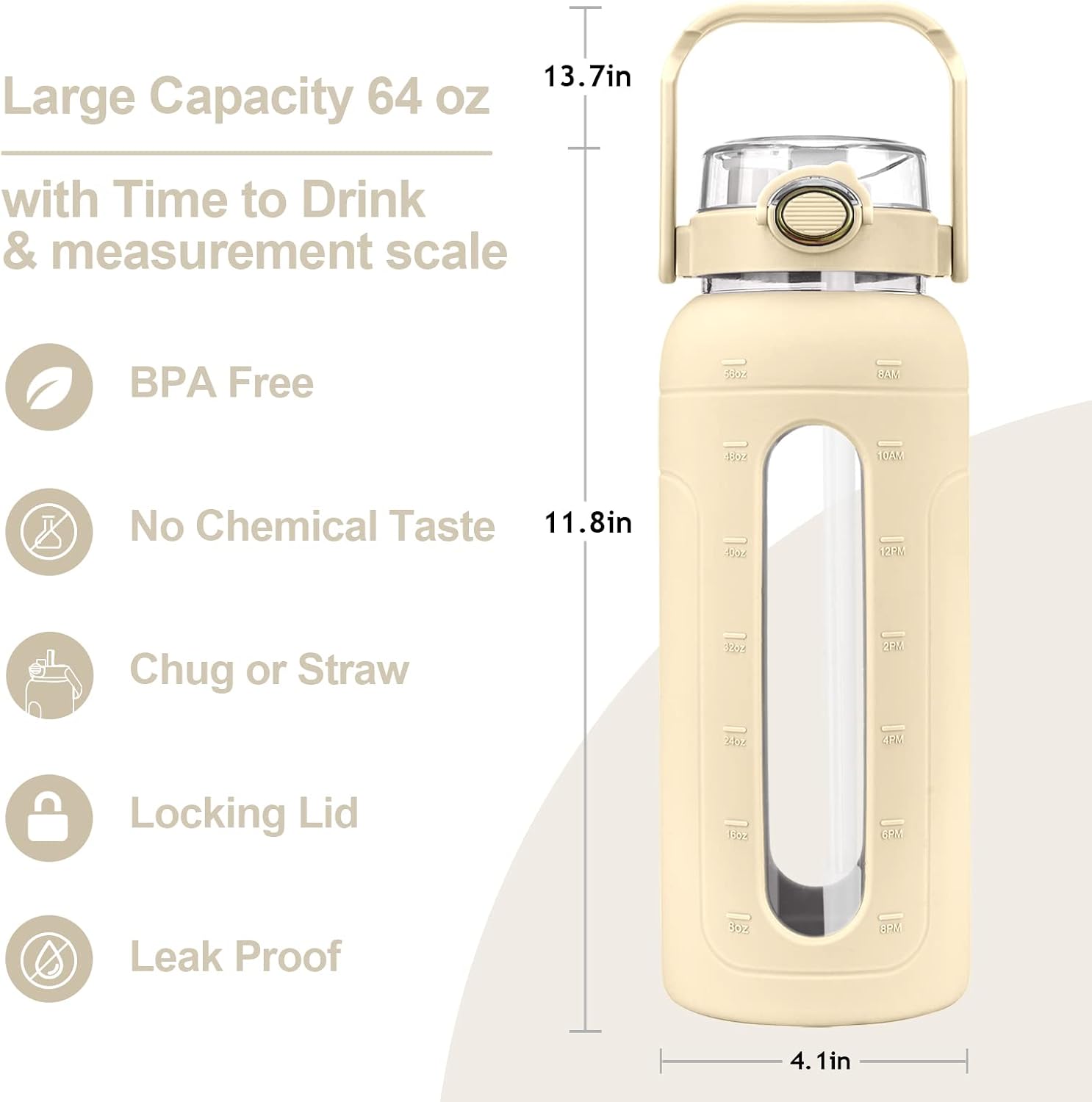 Detalle de Zukro 64 oz Glass Water Bottle with Straw, Time Markers and Beige Sleeve