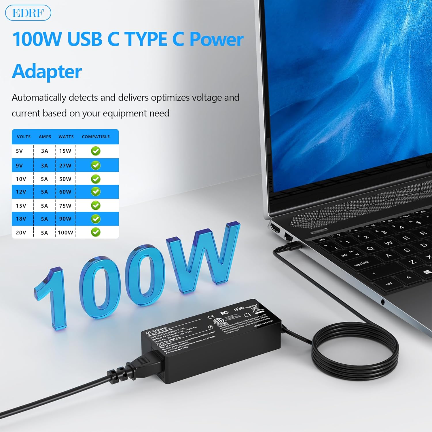 Detalle de 100W USB-C Laptop Charger for Lenovo ThinkBook/ThinkPad/IdeaPad/Yoga — Fast 100W Power for Travel