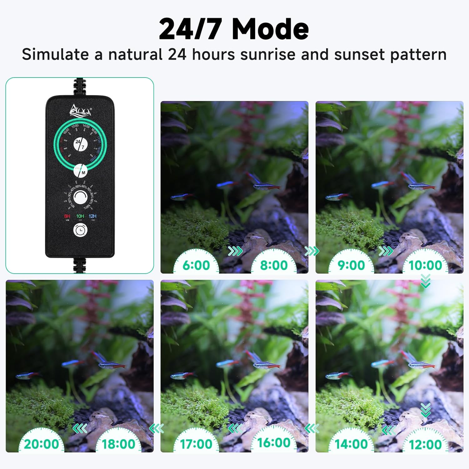 Detalle de AQQA LED Aquarium Light, 12W Full Spectrum with 24/7 Mode and Extendable Bracket