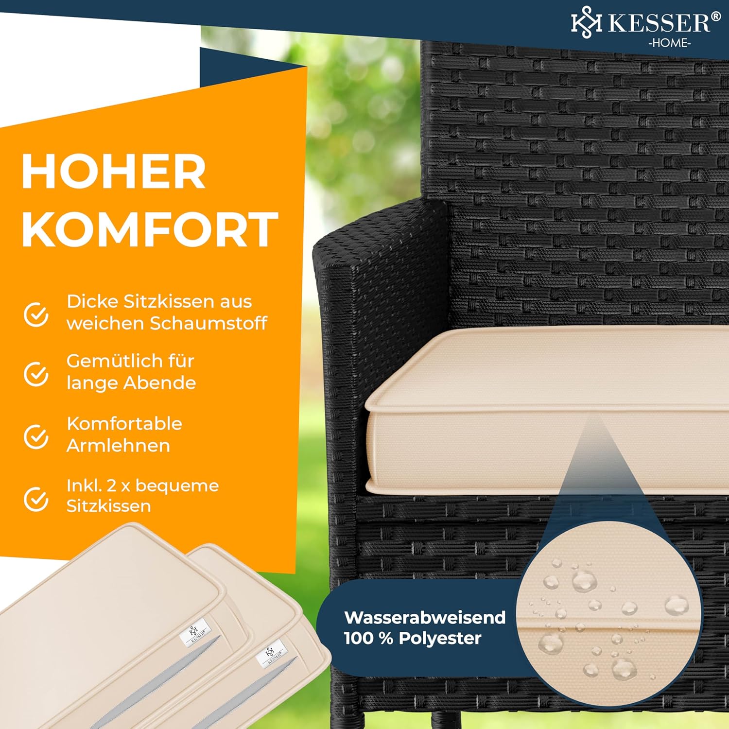 Thumbnail 3 de KESSER Polyrattan Gartenbank mit Tisch (2 Sitzer), 143x63x88 cm – wetterfest für Garten & Balkon in Schwarz