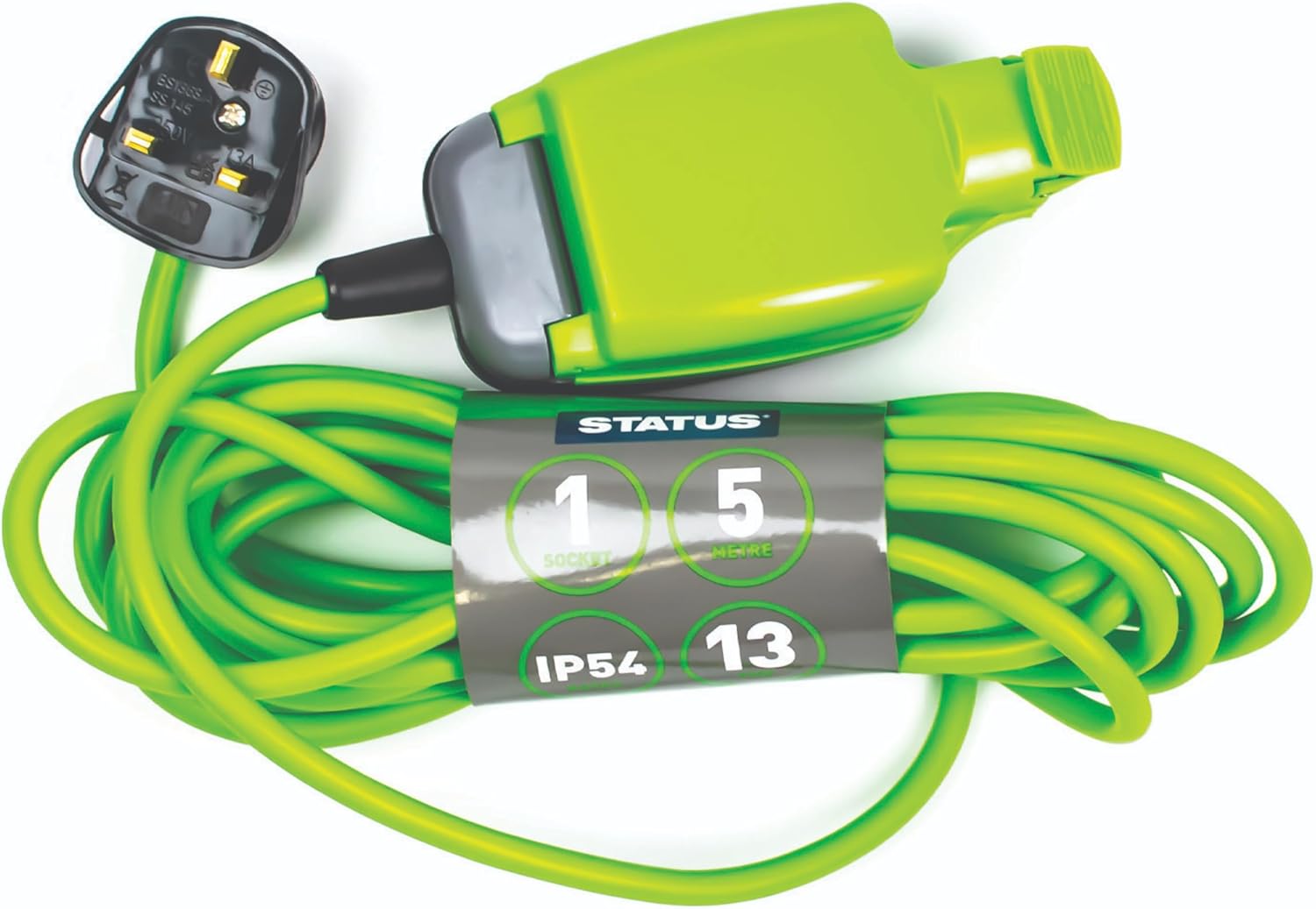 STATUS 1 Socket Extension Lead 5m (Green) with Weatherproof 13A IP54 Sealed Socket