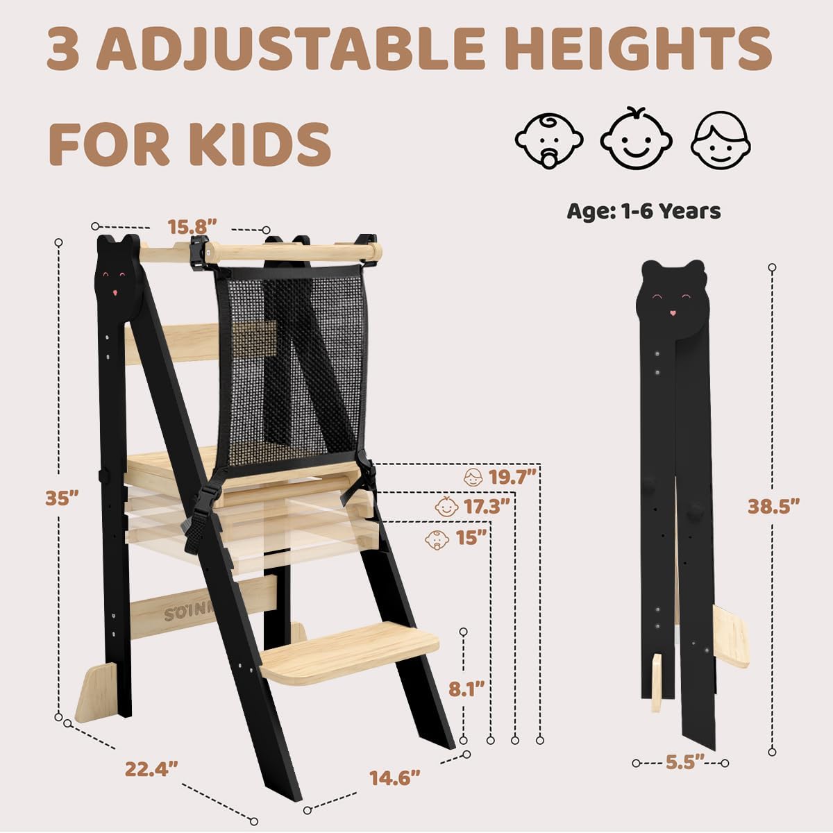 Thumbnail 1 de SOINMTY WJ03003-BK Foldable Toddler Tower, Black, 3 Adjustable Heights