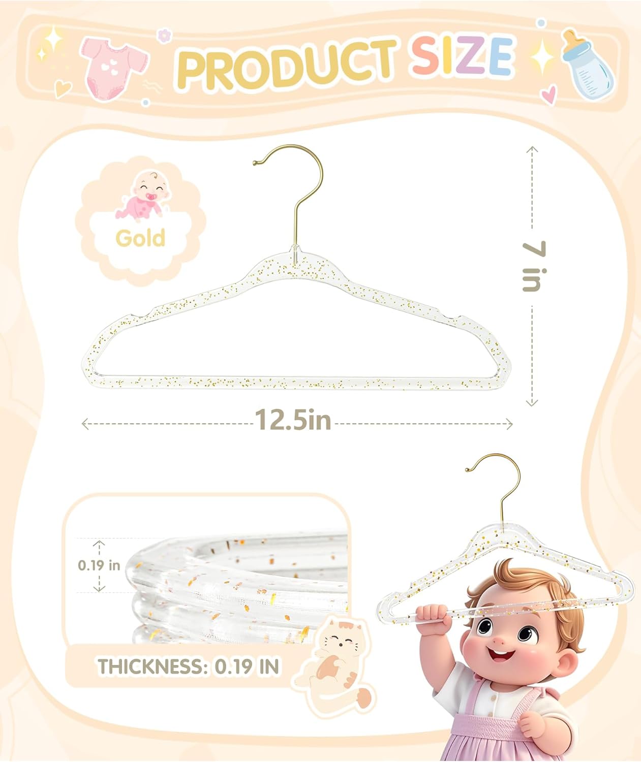 Thumbnail 5 de Kleiderbügel Kinder – Transparent mit Goldglitzer, 20 Stück (Ultradünn, platzsparend)