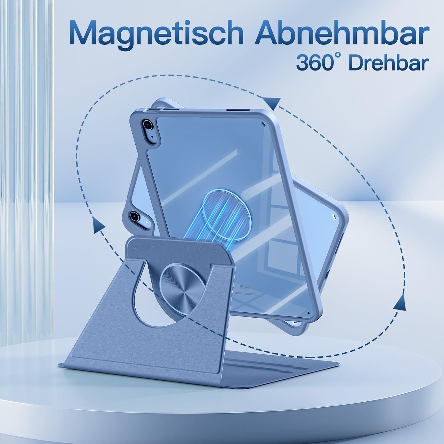 Detalle de drivego 360° drehbare Hülle für iPad (A16) – magnetisch, abnehmbar, mit Stifthalter, transparentem Hart-PC-Backcover, blau