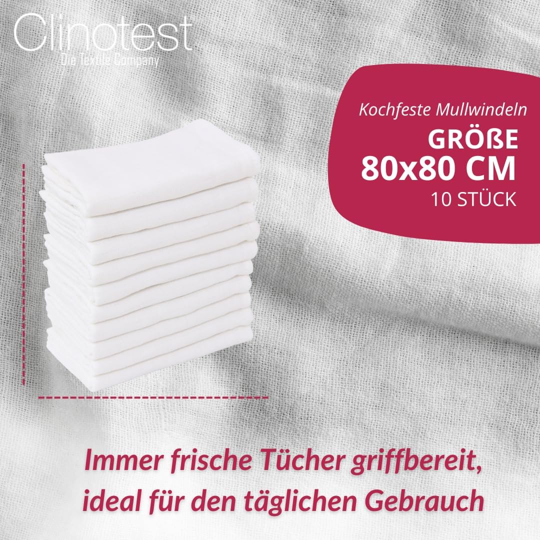 Thumbnail 2 de Clinotest Mullwindeln Spucktücher Baby Set – 10 Stück, 80×80 cm, 100% Baumwolle, Kochfest bis 95°C, Weiß