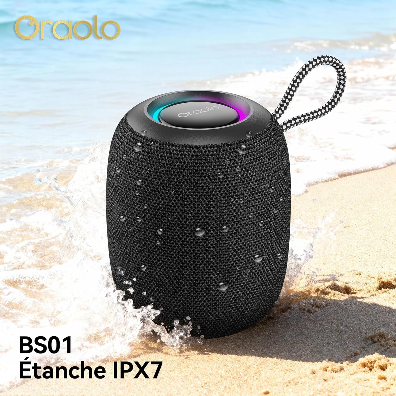 Detalle de oraolo Mini Enceinte Bluetooth Portable – 24W, IPX7, Bluetooth 5.3, lumière RGB et appairage TWS